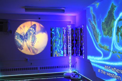 A vibrant and colorful room showcasing projections of a butterfly and abstract patterns, creating an immersive atmosphere.
