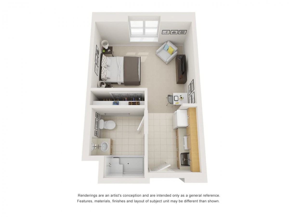 3D floor plan of a studio apartment showcasing a compact living space with bedroom, kitchen, and bathroom areas.