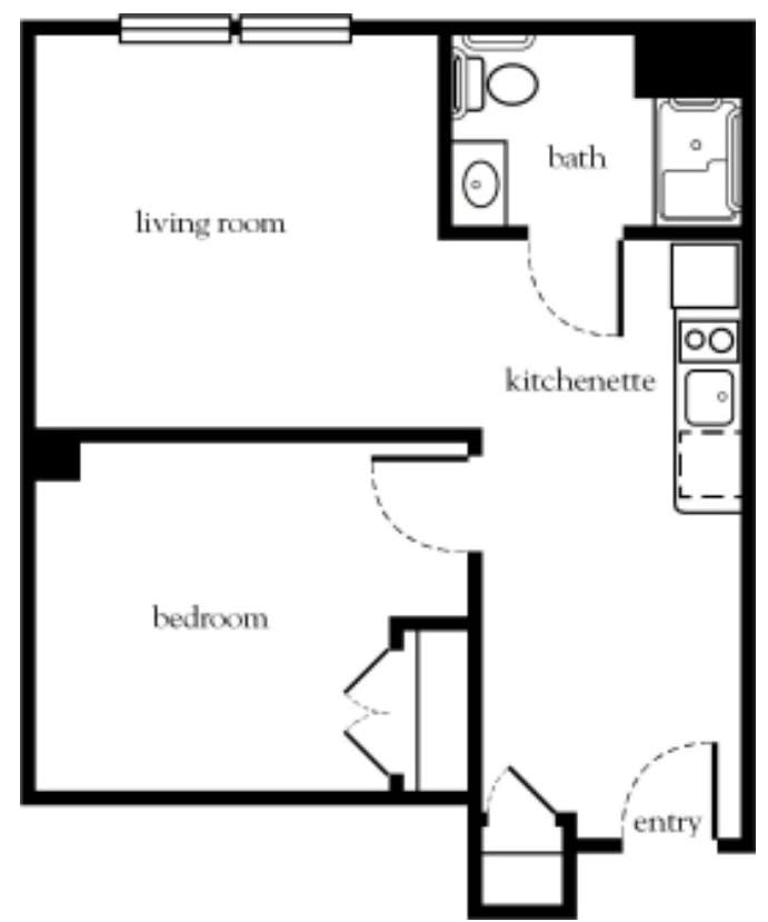 A floor plan of a one-bedroom apartment including a living room, kitchen, and bathroom.