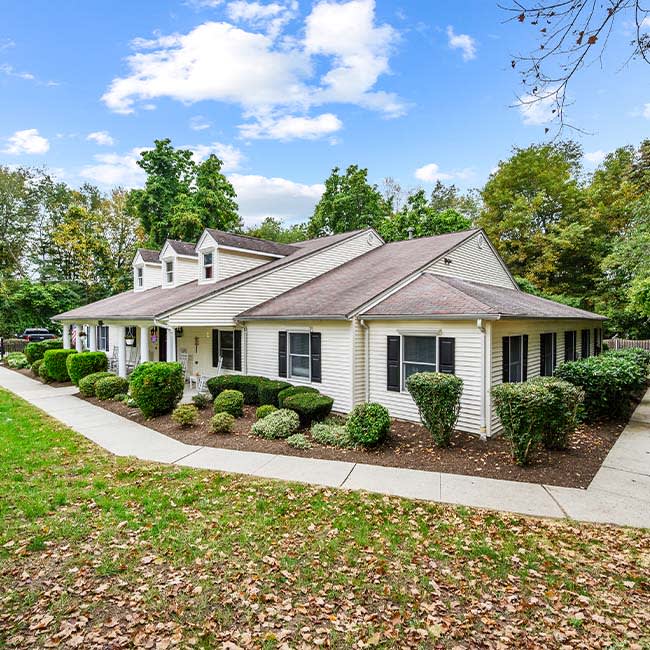 A quaint single-story house surrounded by trees and greenery on a clear day.