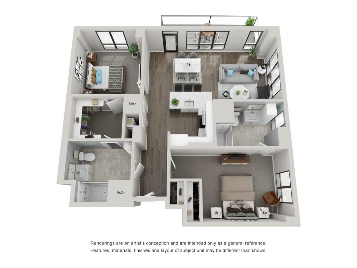 A 3D rendered floor plan showcasing a modern apartment layout with two bedrooms, a spacious living area, and an open kitchen.