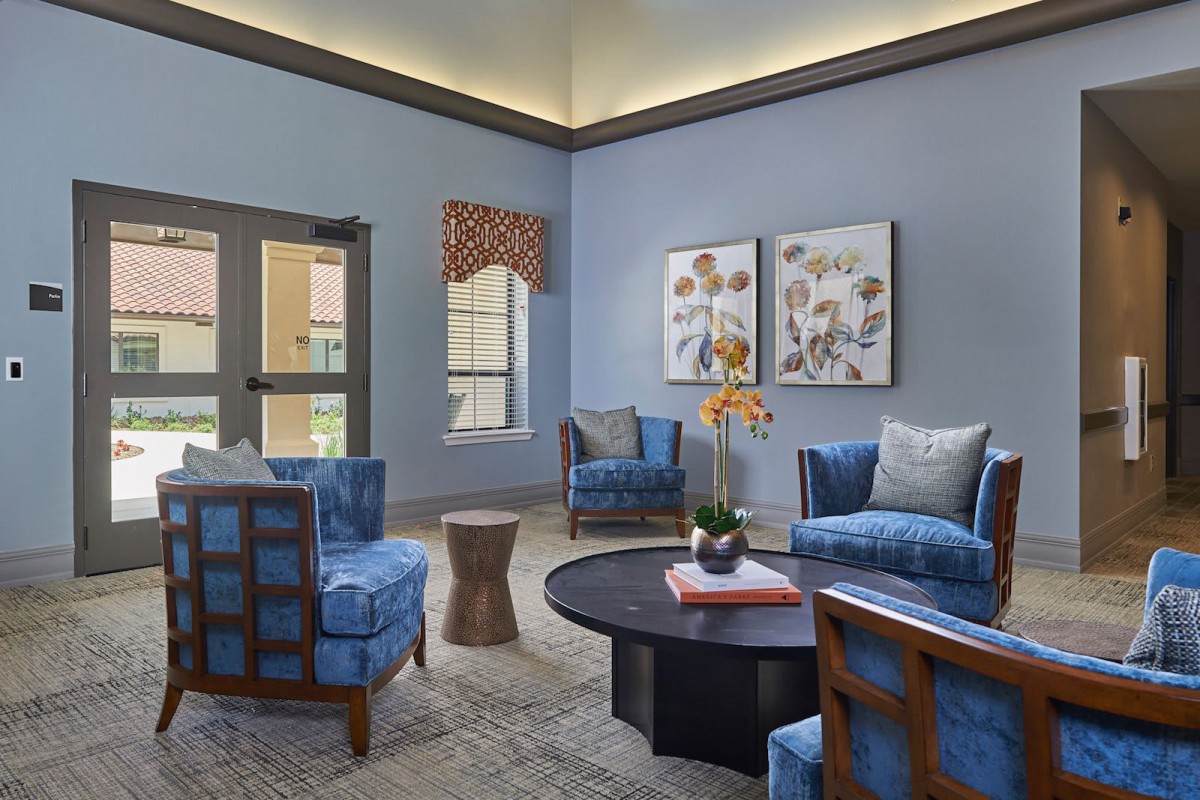A cozy living room with blue chairs and a central coffee table, adorned with indoor plants and wall art for a welcoming atmosphere.