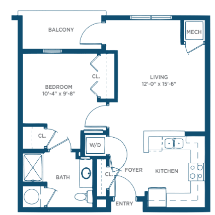 A floor plan of a one-bedroom apartment including kitchen, living area, bathroom, and balcony.