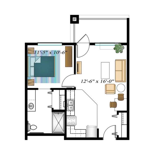 One-bedroom apartment floor plan with living room, kitchen, and bathroom.