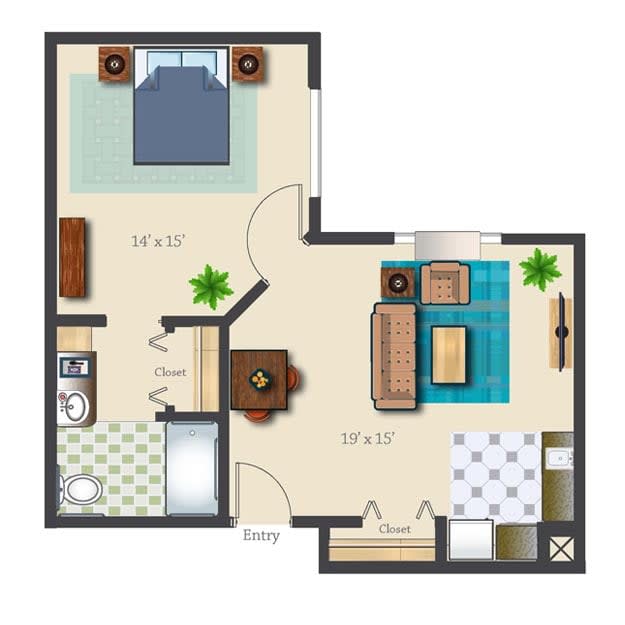A simple one-bedroom apartment floor plan with a living room, kitchen, and bathroom.