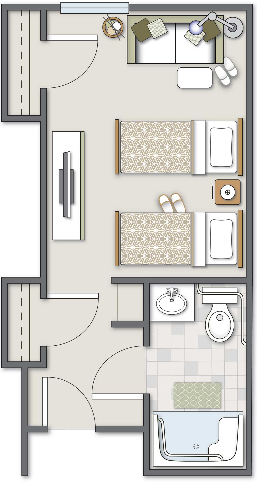 A floor plan featuring a bedroom with twin beds and an adjacent bathroom.