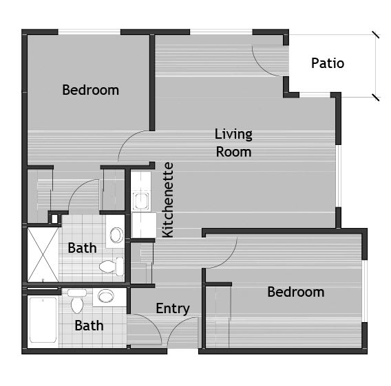 A floor plan of a two-bedroom apartment featuring a living room, kitchenette, two bathrooms, and a patio.