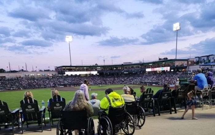 Fans enjoying a baseball game in a stadium, with accessible seating available.