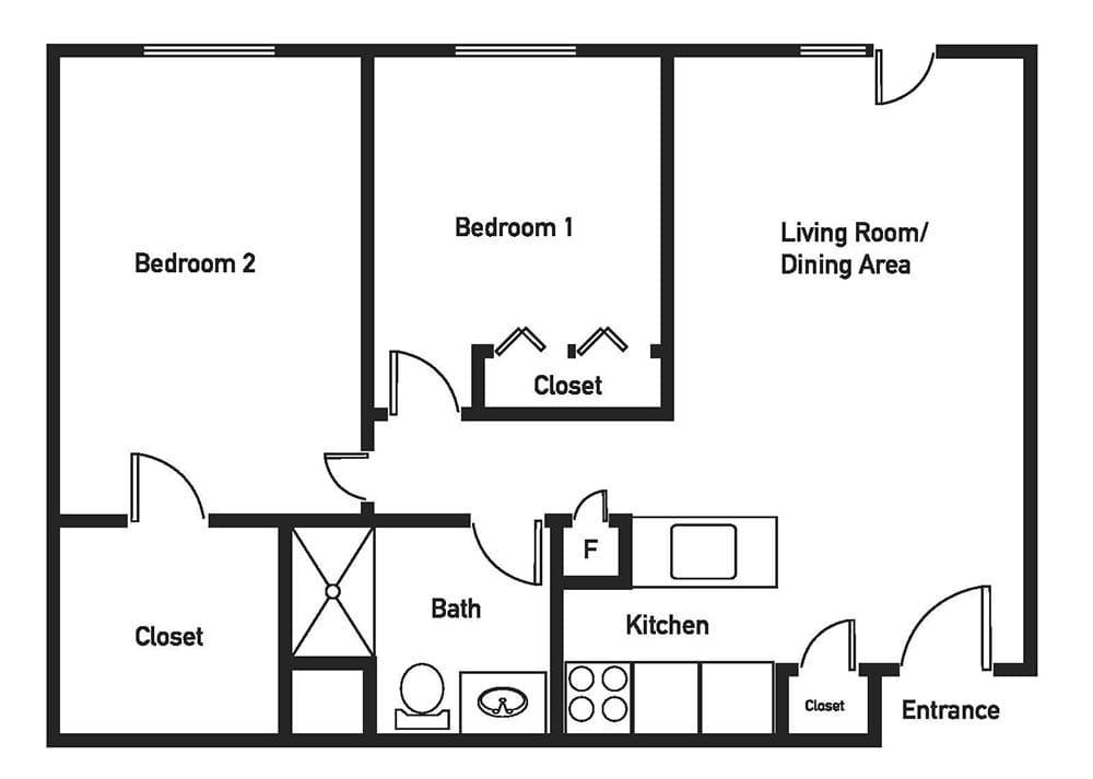 A floor plan of a two-bedroom apartment layout.