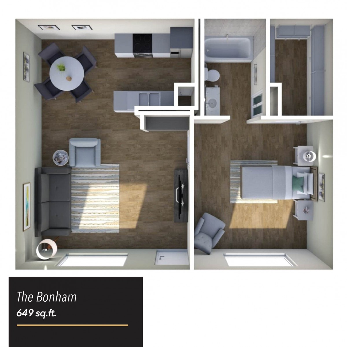 A detailed floor plan of a one-bedroom apartment featuring modern furniture and efficient use of space.