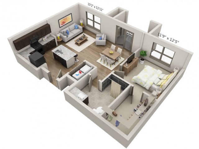 3D rendering of a modern apartment floor plan with one bedroom, a living area, and a kitchen.