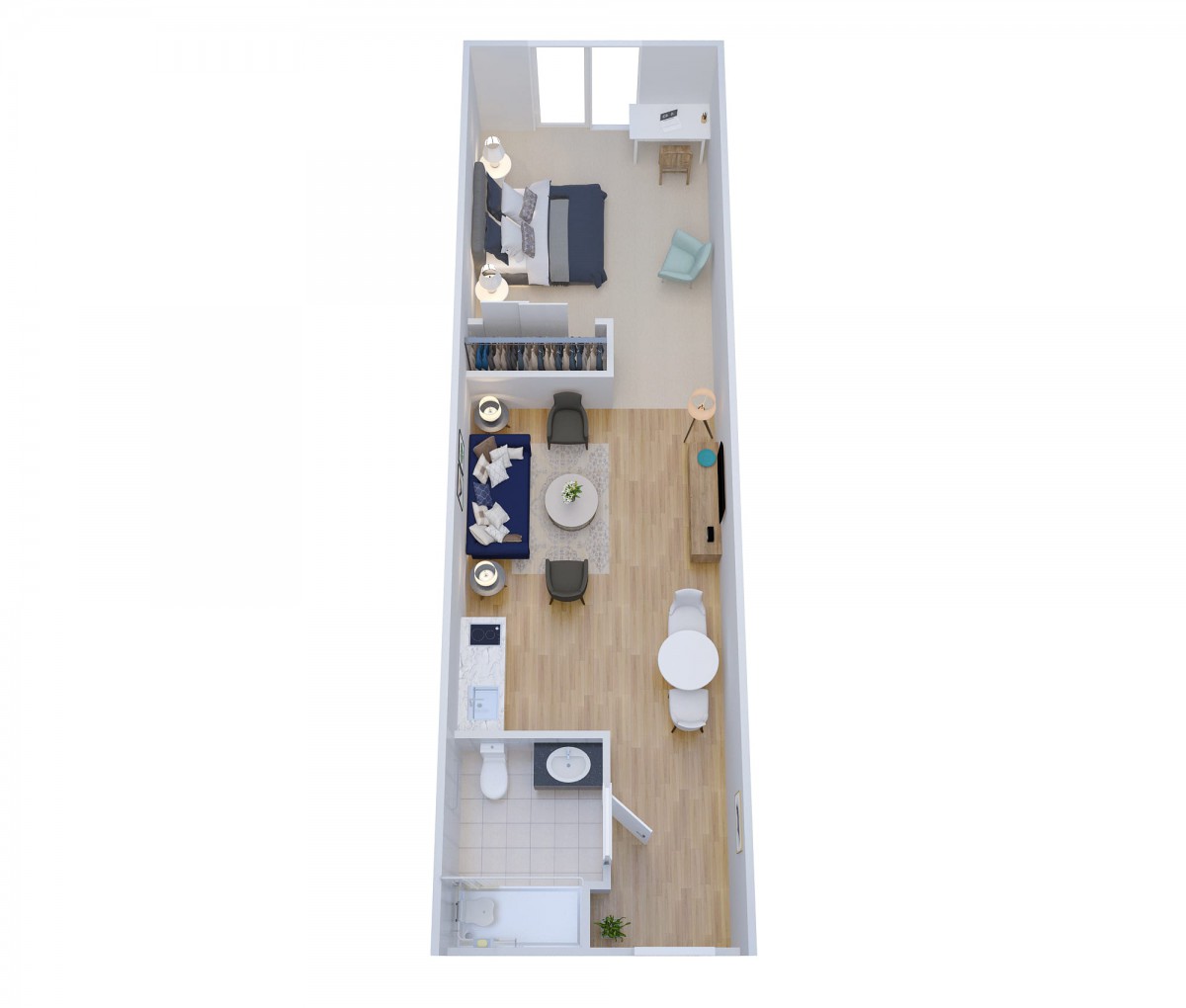 A top-down view of a modern apartment floor plan featuring a living area, kitchen, and bathroom.