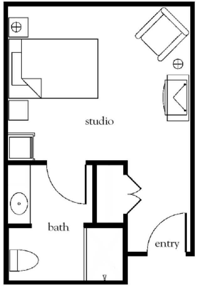 Studio apartment floor plan with labeled rooms and furniture layout.