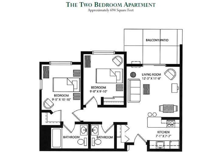 Floor plan of a two-bedroom apartment with a living room, kitchen, and balcony.