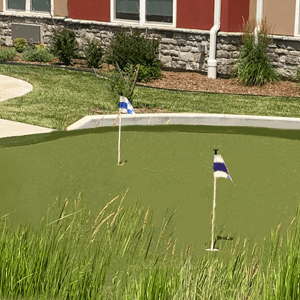 A quaint outdoor putting green featuring two small flags.