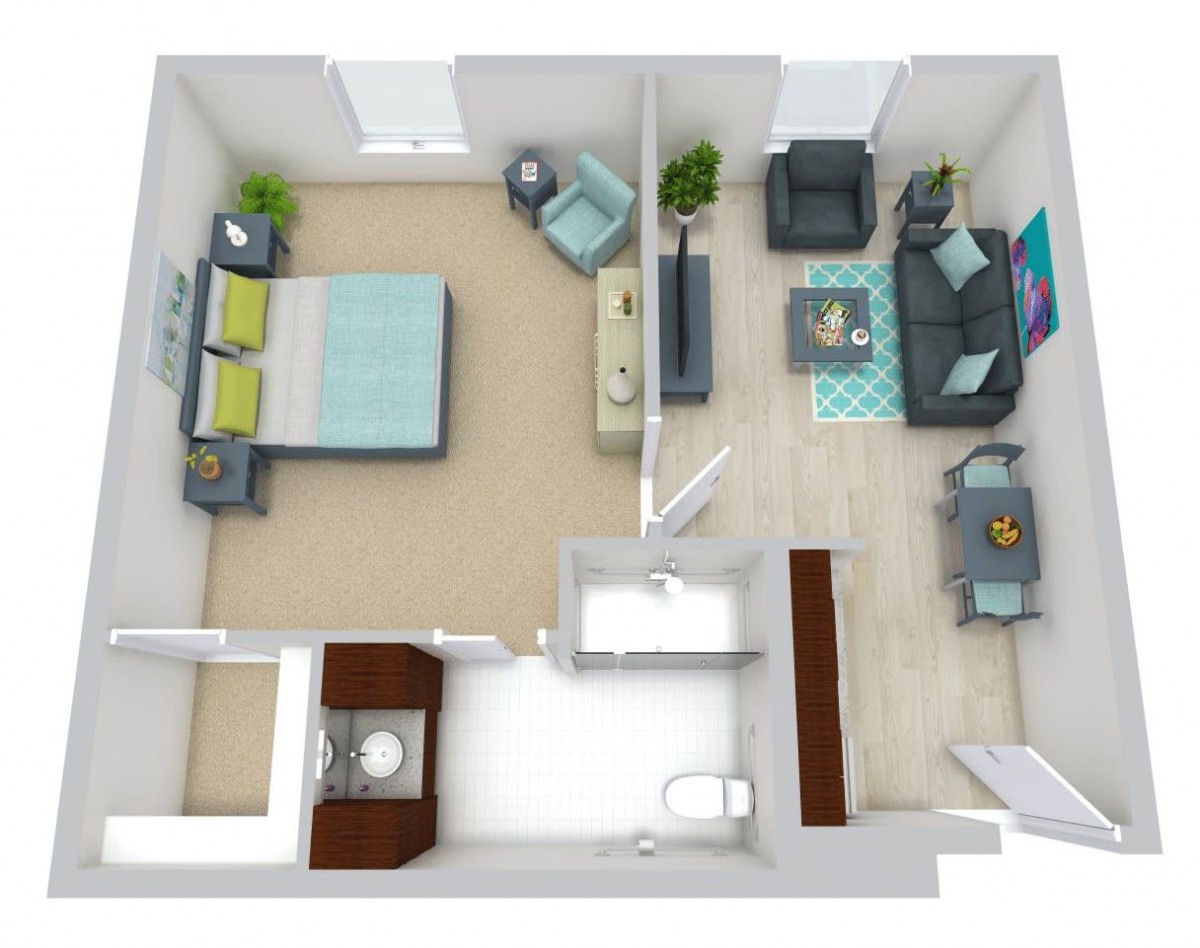 A top-down view of a small apartment layout showing a bedroom, living room, kitchen, and bathroom.