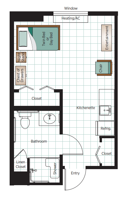 A floor plan of a one-bedroom apartment featuring a kitchen, living room, bathroom, and closet space.