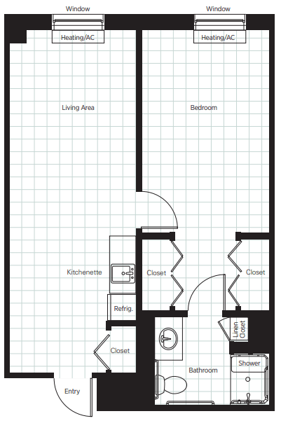 A simple floor plan of a one-bedroom apartment with a living area, kitchenette, bedroom, bathroom, and closets.