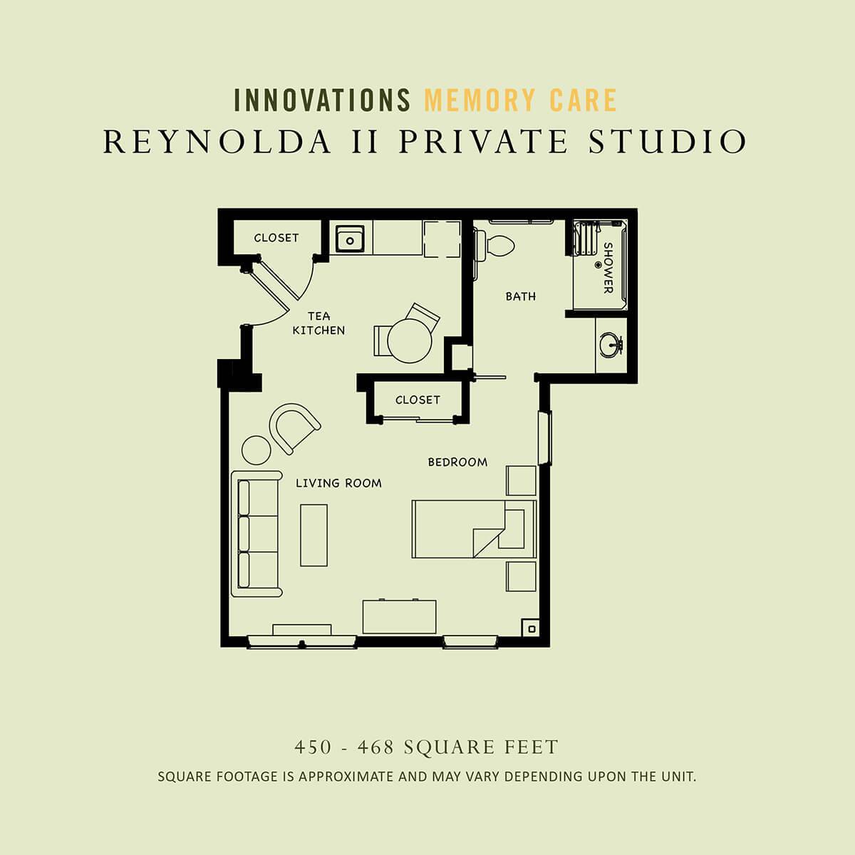 Floor plan of the Reynolda II Private Studio showcasing a compact living space layout.
