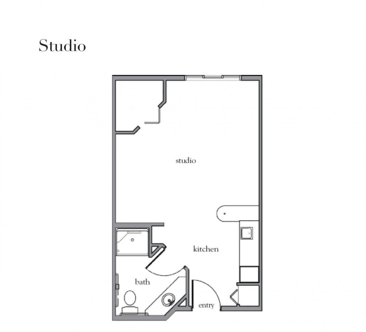 Studio apartment floor plan layout.