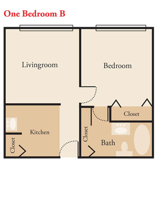 A floor plan of a one-bedroom apartment with a living room, kitchen, bathroom, and closets.