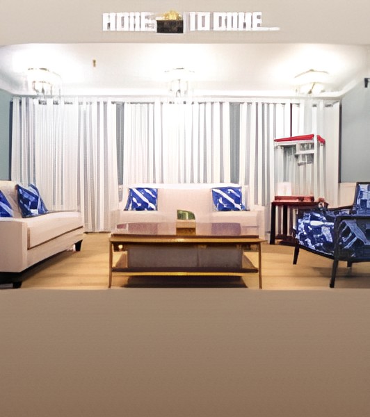 A modern living room with stylish furniture, featuring a sofa and armchair accented with blue pillows, and a popcorn machine in the corner.