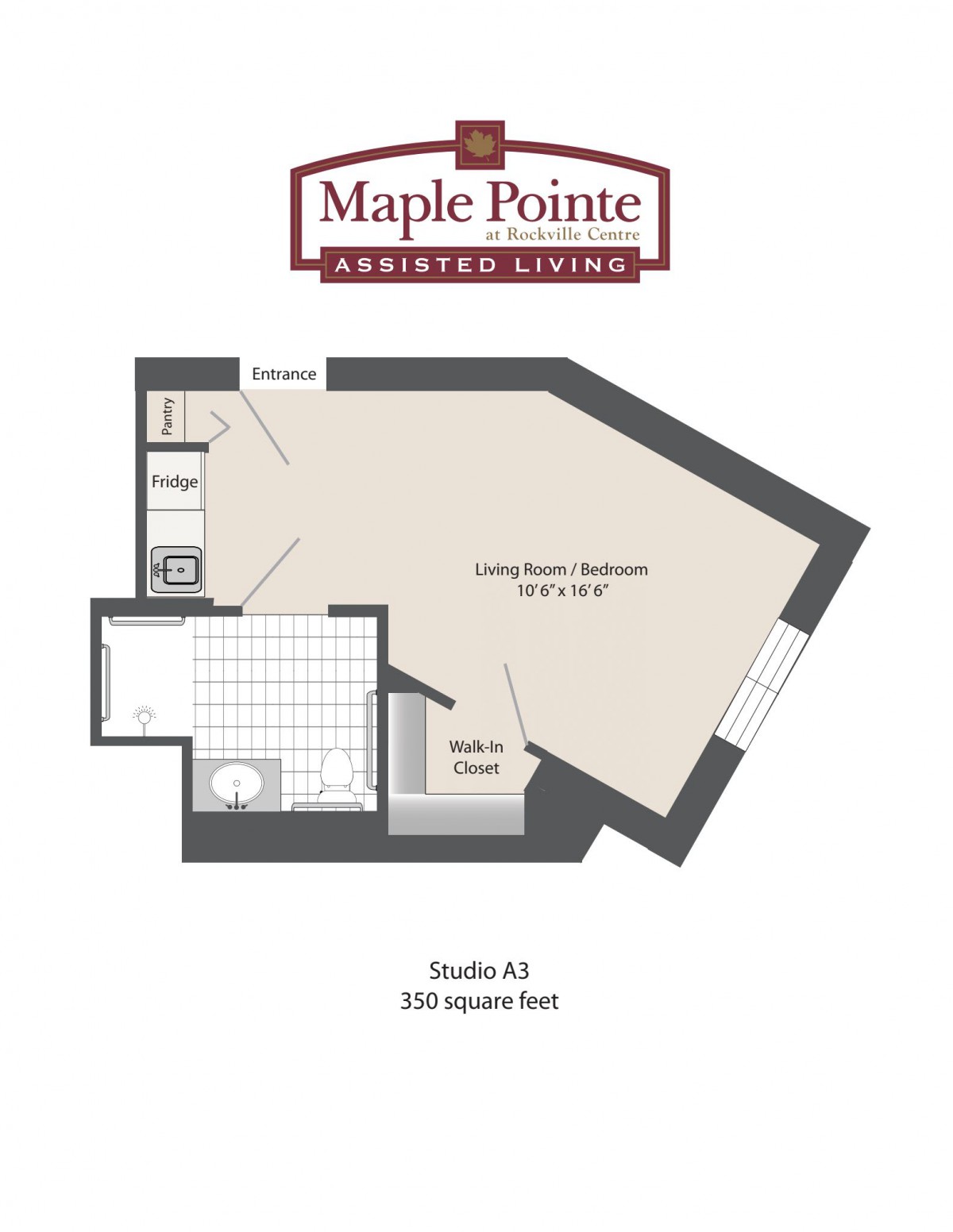 Floor plan of a studio apartment at Maple Pointe Assisted Living.