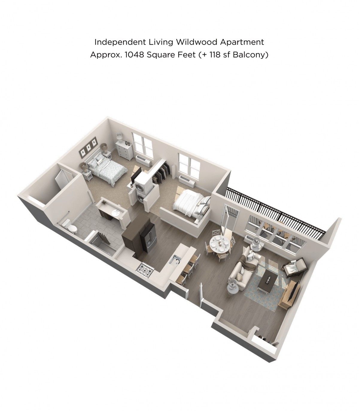 3D floor plan of a one-bedroom independent living apartment.