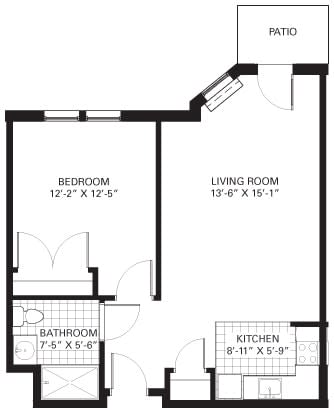 A floor plan of a one-bedroom apartment featuring a living room, kitchen, and bathroom.