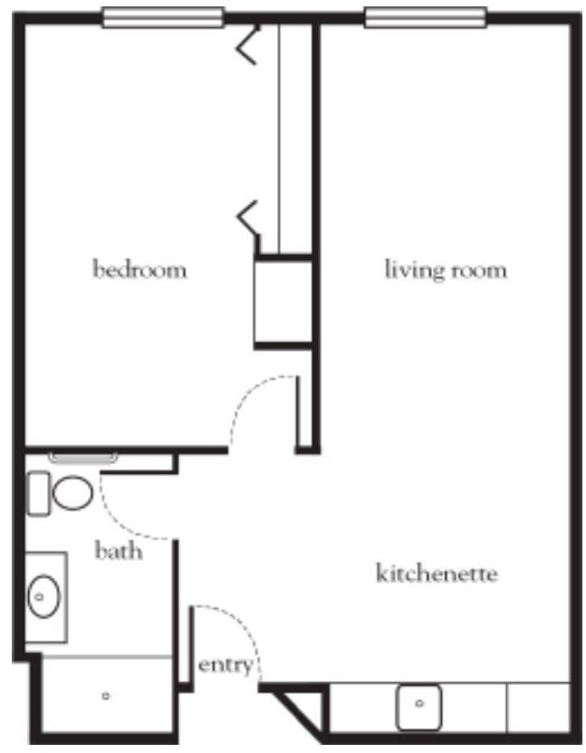 A simple floor plan of a one-bedroom apartment with a living room, kitchenette, and bathroom.