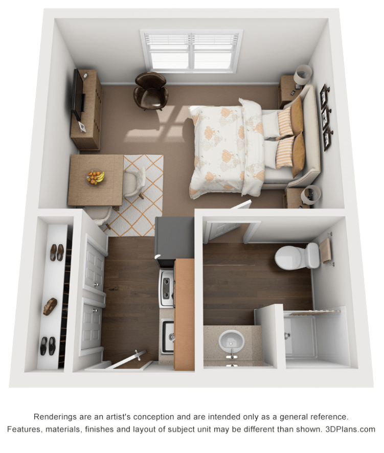 A compact studio apartment layout featuring a single bed, kitchenette, and bathroom.