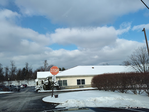 A serene winter scene featuring a snow-covered building and a stop sign under a cloudy sky.
