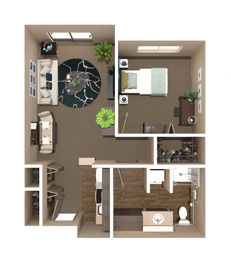 One-bedroom apartment floor plan with a living room, kitchen, and bathroom.