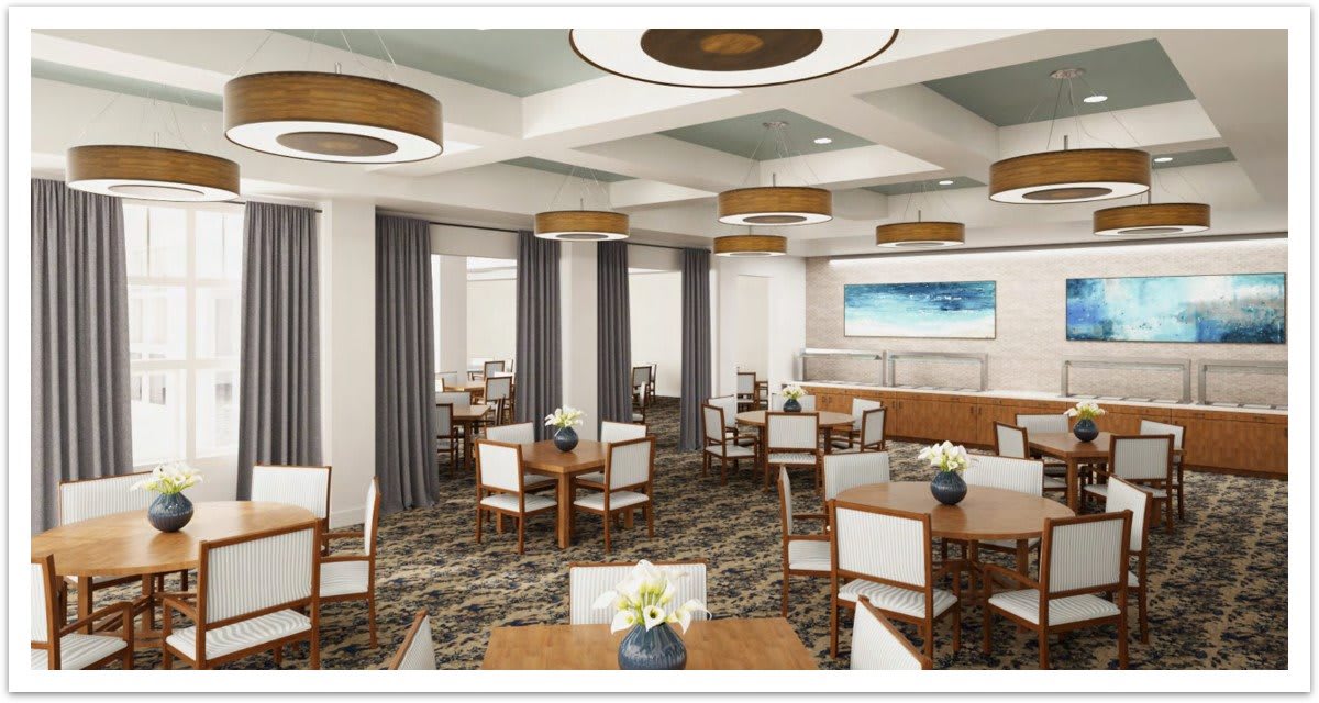 A well-appointed dining area featuring multiple tables and chairs, elegant lighting, and stylish decor.