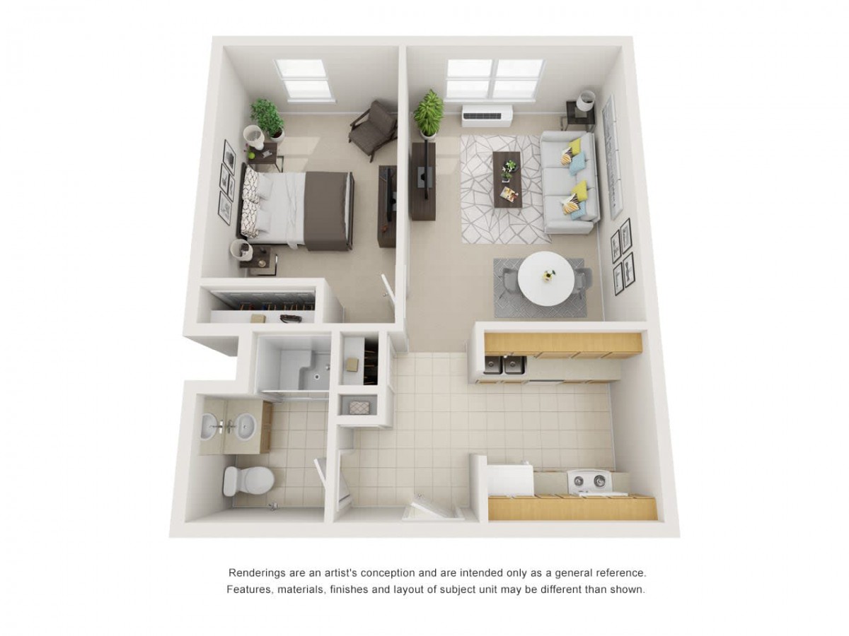 A 3D floor plan of a one-bedroom apartment featuring a living room, kitchen, bathroom, and bedroom.