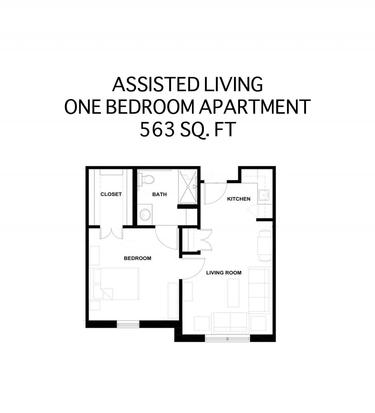 Floor plan of a 563 sq ft assisted living one-bedroom apartment.