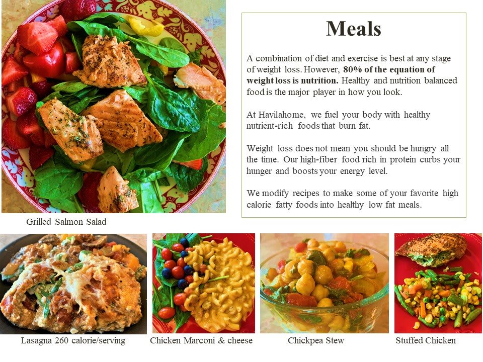 A selection of nutritious meals including chicken salad, herbal chicken, macaroni & cheese, and chickpea stew.