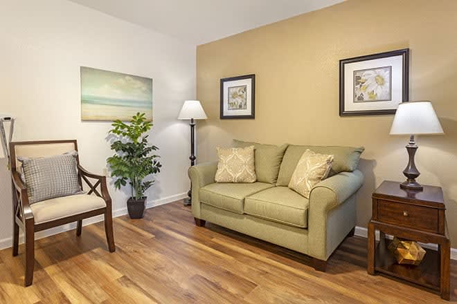 A cozy living room with a sofa, armchair, and decorative elements.