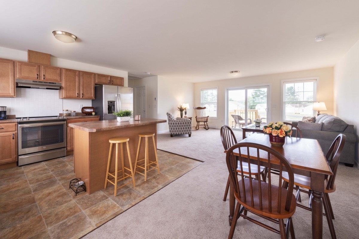 Spacious open floor plan featuring a kitchen with an island, dining area, and living room with abundant natural light.