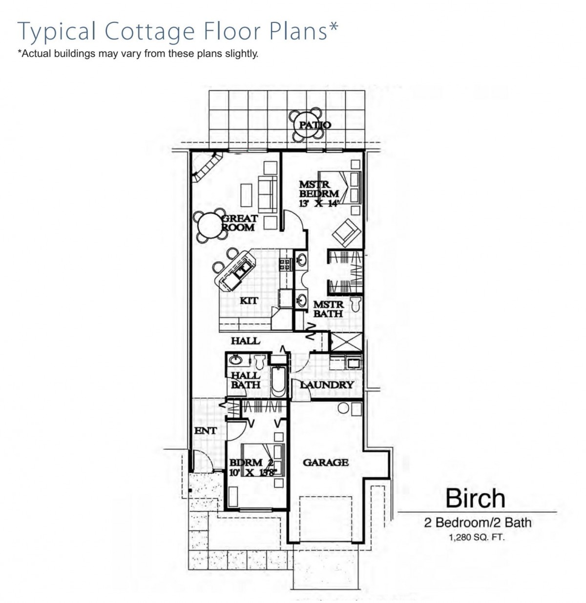 Floor plan of a typical cottage layout labeled 'Birch' with dimensions.