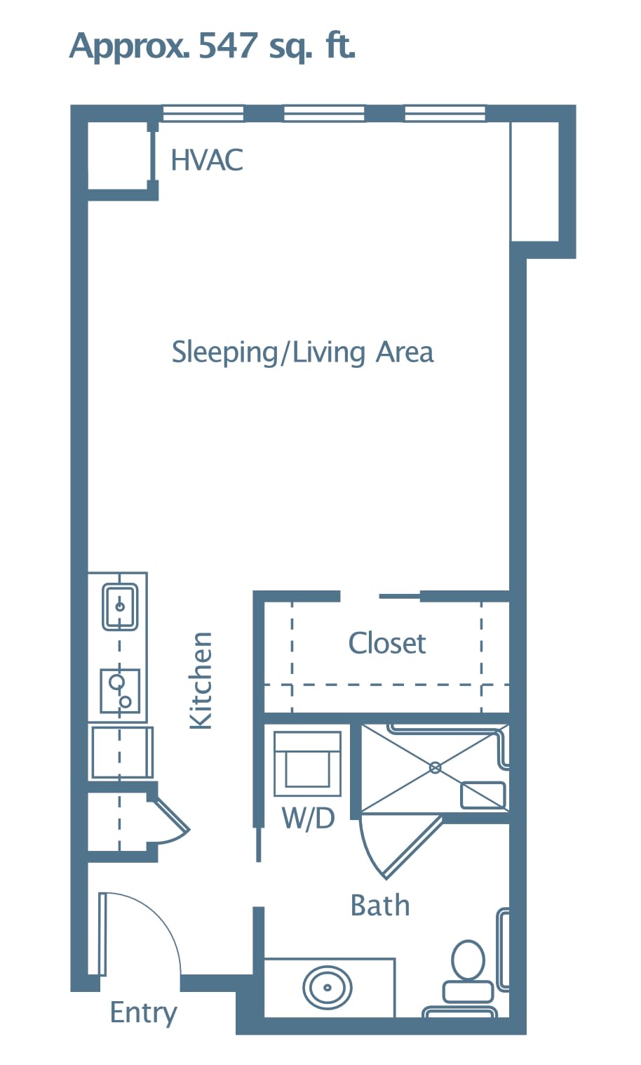 Studio apartment floor plan layout with kitchen, sleeping/living area, closet, and washer/dryer.