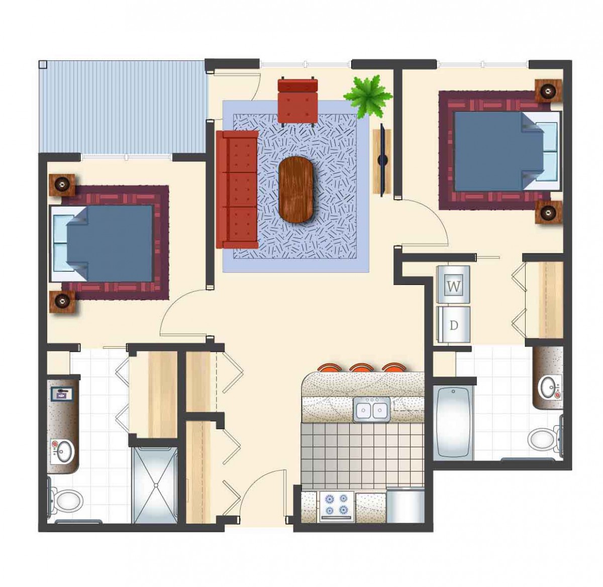 A simple floor plan layout of an apartment with two bedrooms, a living room, and a kitchen.