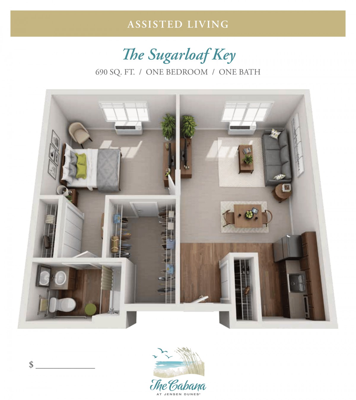 A 3D floor plan of a one-bedroom apartment.