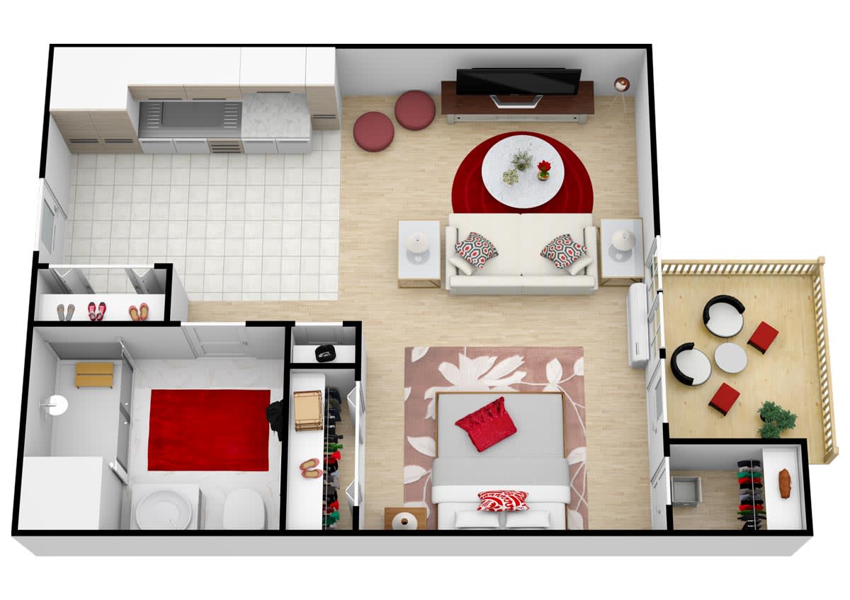 A modern apartment floor plan featuring a cozy living room, kitchen, and bedroom.