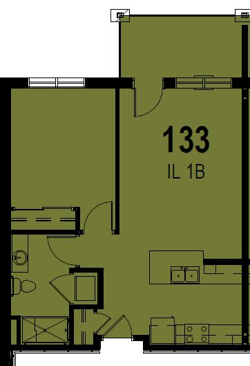 A detailed floor plan of an apartment labeled '133 IL 1B', showing room layouts including living area, kitchen, and bathroom.