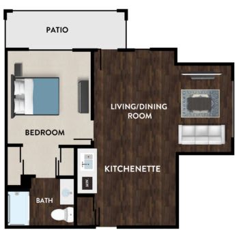 Floor plan of a one-bedroom apartment with a living/dining room, kitchenette, bathroom, and patio.