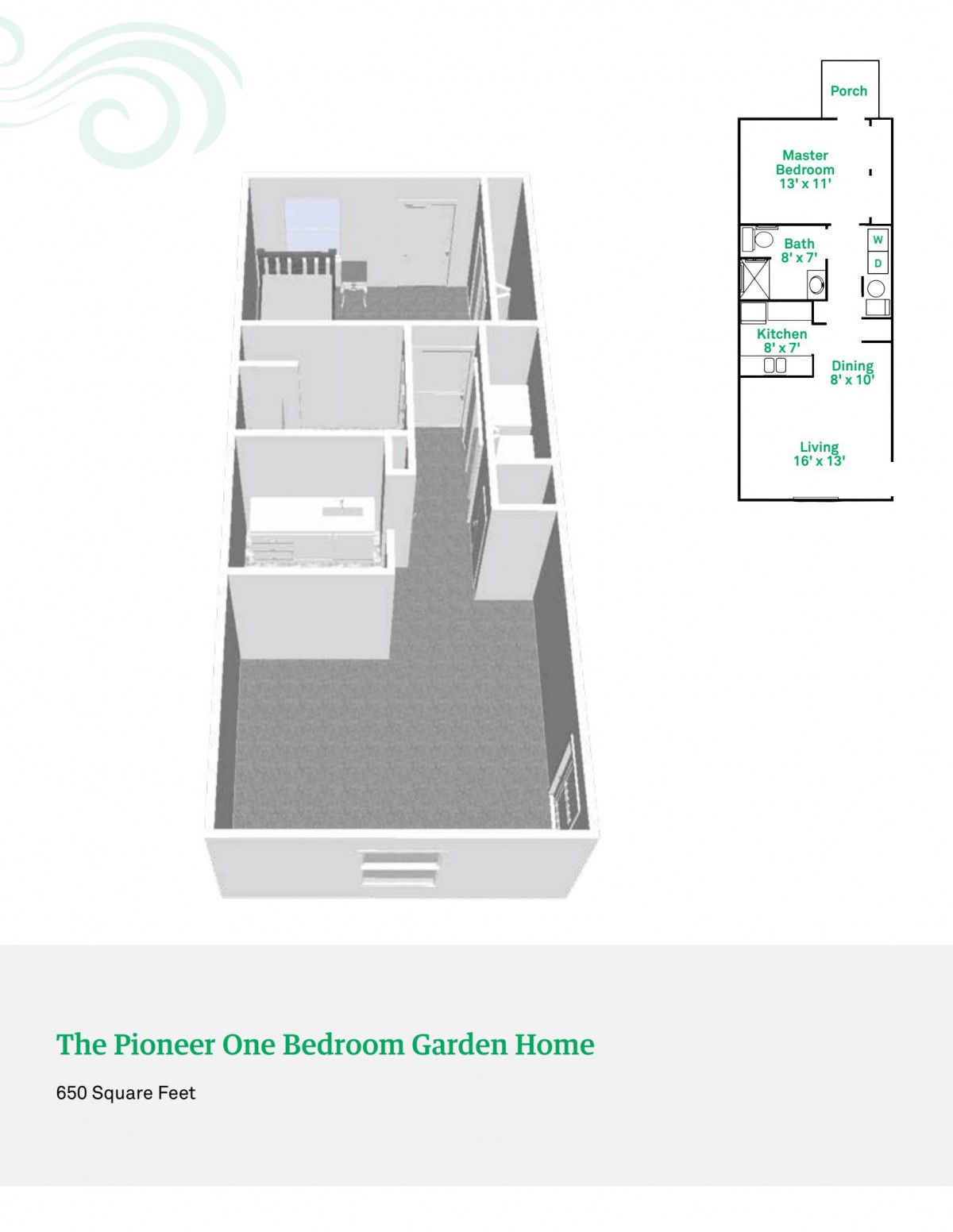 3D floor plan of a two-bedroom garden home.