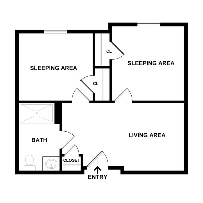 A floor plan of an apartment with two sleeping areas, a bathroom, living area, closet, and entry.