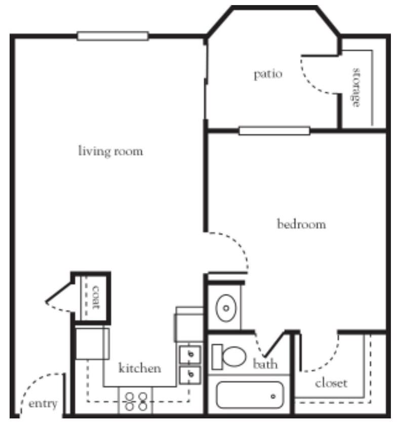 A floor plan of a one-bedroom apartment with a living room, kitchen, bathroom, and patio.
