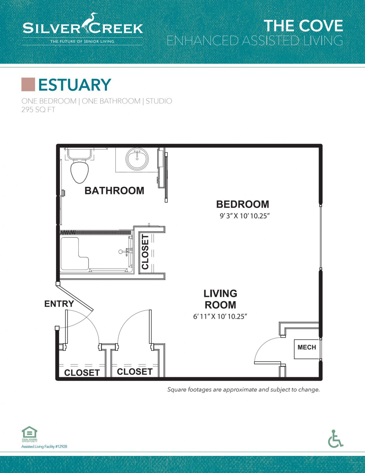 A floor plan of an apartment labeled 'Estuary', featuring a one-bedroom layout with a bathroom, living room, and closets.